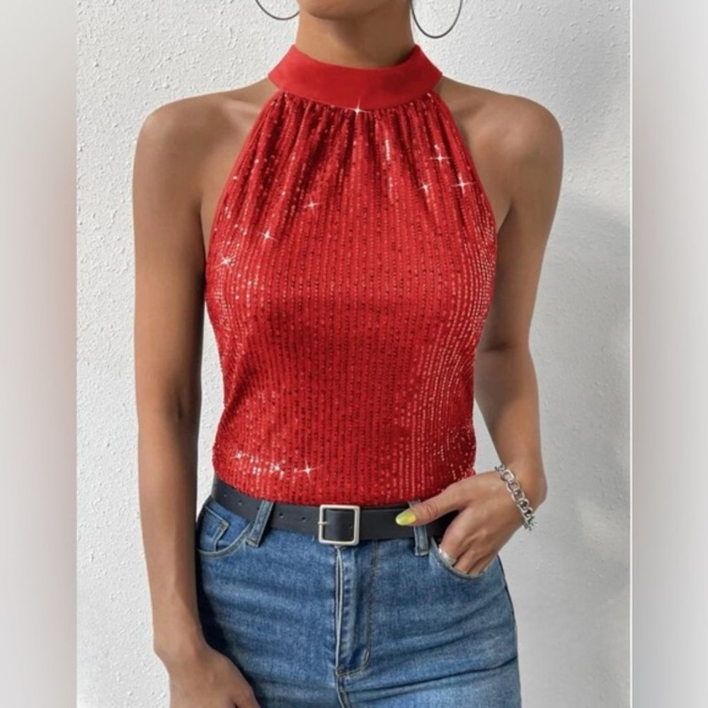 Red Tie Back Sequin Halter Top - Picture 4 of 6